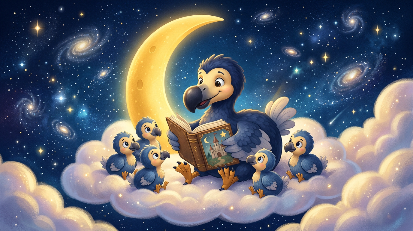 Le dodo DodoStory raconte une histoire à de petits bébés dodos sur un nuage